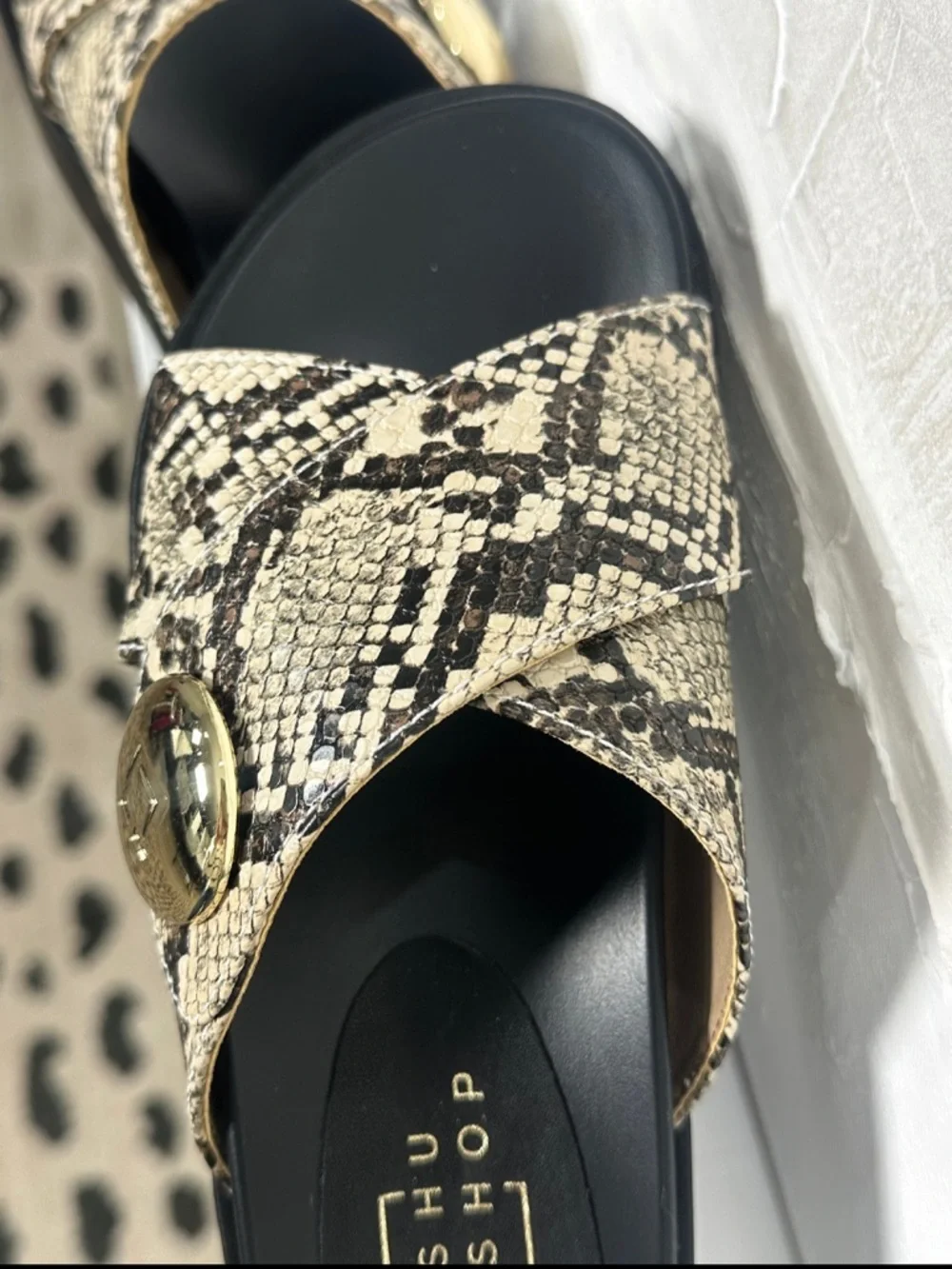 New in box. Katie sandals snakeskin ShuShop. Platform silver button